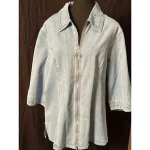 Lafei-Nier Blue Jean and Rhinestone Short Sleeve Zip Up. 2XL